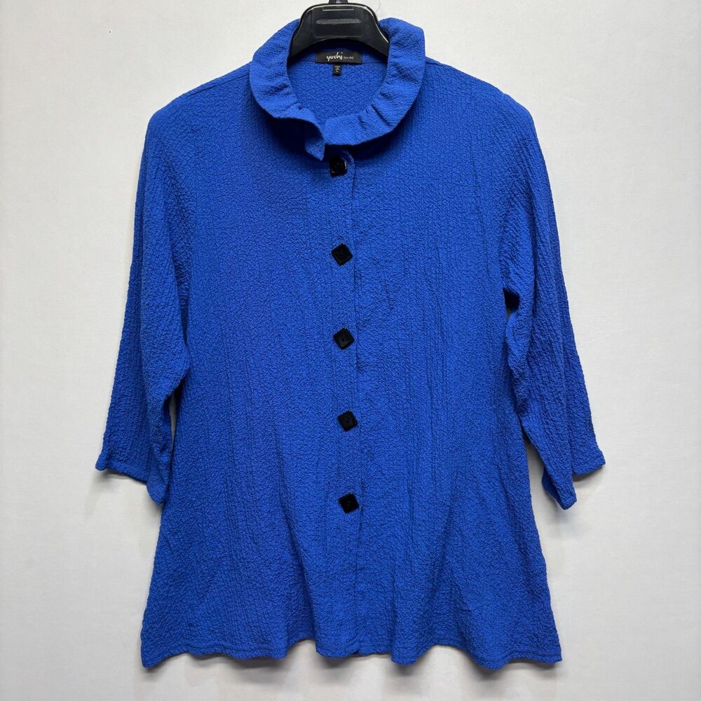 Yushi Women 3/4 Sleeve Blouse Top Button Shirt Size Large Blue D121 -30